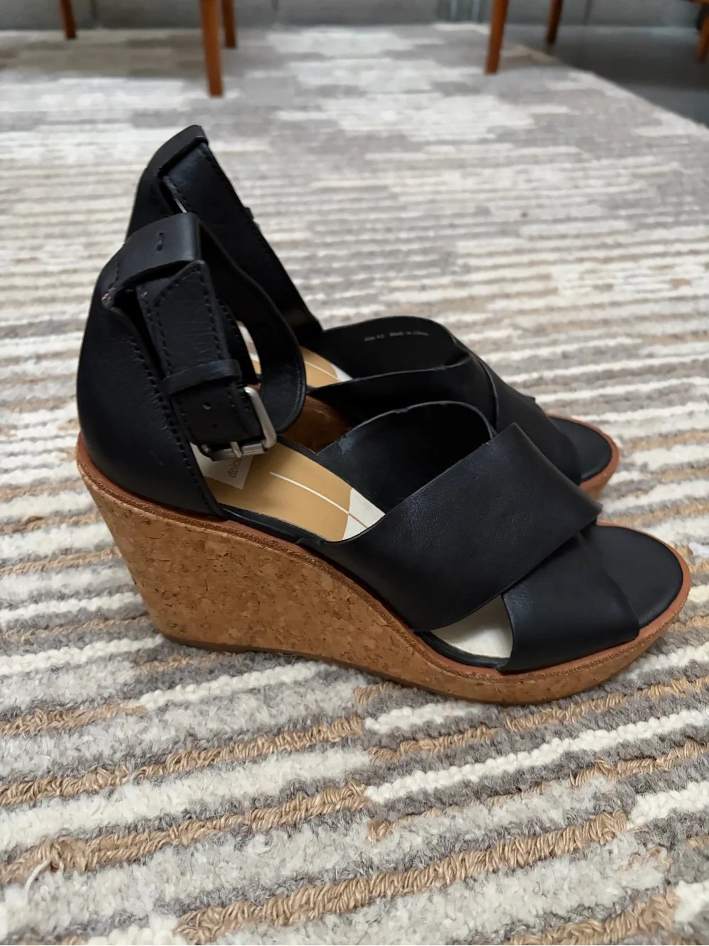 Dolce Vita Black Leather Cork Wedge Sandals – Brand New